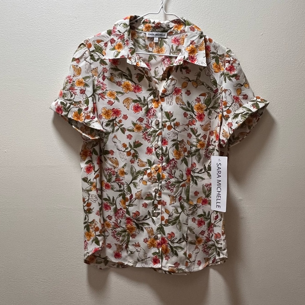 Sara Michelle Stylish Boho Chic Short Sleeve Button Blouse, Large, Floral Print